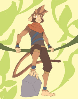 5_fingers 5_toes after_transformation anthro brown_body brown_fur brown_hair clothed clothing eye_scar facial_scar feet fingers fluffy fur hair male orange_eyes paws plantigrade prehensile_feet scar solo tail tan_body tan_fur toes teo_(artist) ra'zim haplorhine hybrid mammal monkey primate absurd_res hi_res