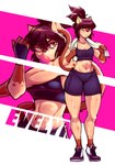 after_exercise anthro athletic athletic_anthro athletic_female biped blowing_bubble_gum bodily_fluids bottomwear bra breasts brown_body brown_fur brown_hair brown_nose brown_tail cleavage clothed clothing female fingerless_gloves footwear freckled_face freckles fur gloves gloves_(marking) hair handwear holding_object holding_towel leg_markings looking_at_viewer markings medium_breasts midriff navel open_mouth pink_background ponytail pose shoes shorts simple_background sneakers socks_(marking) solo sports_bra sportswear standing stretching_arms sweat sweatdrop tail tan_body text thick_thighs tight_bottomwear tight_clothing tight_shorts towel towel_around_neck underwear white_background locksnurf evelyn_(locksnurf) domestic_cat felid feline felis mammal 2024 character_name digital_drawing_(artwork) digital_media_(artwork) full-length_portrait hi_res model_sheet portrait