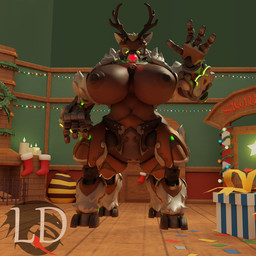 anthro belly big_breasts breasts brown_body brown_nipples christmas_decorations christmas_lights female fur gynomorph intersex looking_at_viewer nipples slightly_chubby solo lustfuldemon blizzard_entertainment overwatch orisa_(overwatch) reindeer_orisa_(overwatch) taur 1:1 blender_(artwork) blender_cycles_(artwork) digital_media_(artwork)