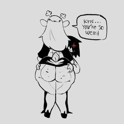 anthro antlers ass_out big_butt butt butt_focus butt_grab checkered checkered_clothing checkered_shirt checkered_topwear clothing deer_ears exposed_ass female freckled_butt freckles grabbing_from_behind grey_background grope hair hand_on_another's_butt hand_on_butt hooves horn human_on_anthro interspecies long_hair male male/female male_human neutral_expression pattern_clothing pattern_shirt pattern_topwear presenting red_eyes scut_tail shirt short_hair short_tail simple_background standing tail text topwear wide_hipped_female wide_hips ketsui deltarune undertale_(series) kris_dreemurr noelle_holiday deer human mammal 2025 english_text