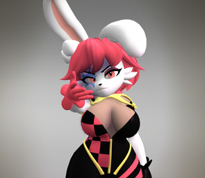 anthro breasts clothed clothing curvy_figure eyeshadow facial_markings female gloves hair handwear head_markings looking_at_viewer makeup markings neckwear red_eyes red_hair simple_background solo photolol.03 eminem_throw in_heat_(game) poppi_(in_heat) lagomorph leporid mammal rabbit 3d_(artwork) digital_media_(artwork)