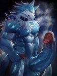 abs anthro balls belt belt_collar biceps big_balls big_muscles big_penis blue_balls blue_body blue_fur blue_penis bodily_fluids clothing deltoids dripping erection foreskin fur genital_fluids genitals glans huge_balls huge_penis humanoid_genitalia humanoid_penis hyper hyper_genitalia hyper_penis looking_at_viewer male multicolored_body multicolored_fur muscular muscular_anthro muscular_male nipples nude pecs penis pink_glans precum precum_drip retracted_foreskin simple_background solo thick_penis two_tone_body two_tone_fur white_body white_fur zex brand_new_animal studio_trigger shirou_ogami canid canine canis mammal wolf