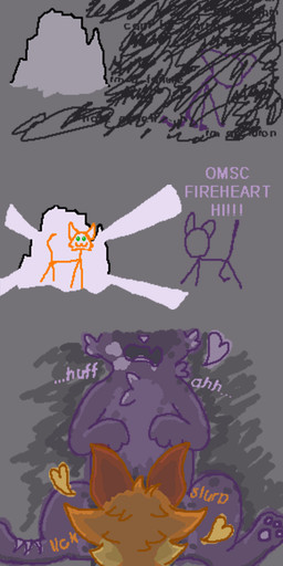 :3 cunnilingus dialogue duo female feral freckles fur heart_symbol implied_oral male male/female open_mouth oral orange_body orange_fur purple_body purple_fur scar sex simple_background sound_effects text vaginal itsrainbow_(artist) omg_hi! warriors_(book_series) cinderpelt_(warriors) firestar_(warriors) domestic_cat felid feline felis mammal hi_res meme