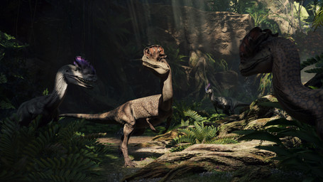 ambiguous_gender claws day detailed_background feral fern forest group jungle log looking_at_another looking_away open_mouth outside plant rock scales sharp_teeth standing teeth toe_claws tree water wood ivorylagiacrus dilophosaurid dilophosaurus dinosaur prehistoric_species reptile saurischian scalie theropod 16:9 2023 3d_(artwork) 4k absurd_res digital_media_(artwork) hi_res widescreen