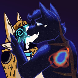 ambiguous_gender anthro caressing_cheek deep_kiss duo kiss_on_lips kissing machine male markings slime_drip spiral spiral_eyes star_(marking) schocoa_(artist) applesnack_(applesnack) kaffe_(schocoa) canid canine canis coyote goo_creature hybrid mammal protogen reptile scalie snake 1:1 absurd_res hi_res