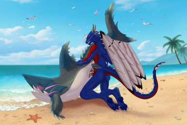 animal_genitalia anthro beach blush bodily_fluids cloaca cum cum_inside duo female feral fishing genital_fluids genitals interspecies knot male male/female messy multi_genitalia multi_penis orgasm penetration penis sea sex sex_on_the_beach water owl_light maneater_(video_game) mythology aquatic dragon fish mythological_creature mythological_scalie scalie shark absurd_res hi_res