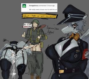 anthro armor bodily_fluids clothing cum cum_in_ass cum_in_vagina cum_inside cum_on_penis cumshot duo ejaculation female genital_fluids genitals headgear helmet human_on_anthro humanoid_genitalia humanoid_penis interspecies male male/female military_helmet military_uniform nazi nazi_uniform penis swastika text uniform world_war_2 kenonsfw cavemanon_studios goodbye_volcano_high ko_op_(game_developer) snoot_game anon_(snoot_game) fang_(gvh) human mammal prehistoric_species pterosaur reptile scalie english_text hi_res