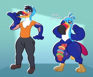 anthro beak blush duo feathers genitals human_to_anthro looking_at_self male mascot penis ringed_penis species_transformation standing surprised text thick_thighs transformation wide_hips sjevi froot_loops kellogg's toucan_sam avian bird piciform toucan digital_drawing_(artwork) digital_media_(artwork) english_text