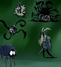 ambiguous_gender black_blood black_eyes bleeding_from_eyes blood bodily_fluids colored_blood featureless_feet feet glowing glowing_eyes green_background group multi_eye simple_background simple_eyes standing unusual_blood unusual_bodily_fluids white_eyes sandsquatch hollow_knight_(franchise) team_cherry mossy_prophet void_(hollow_knight) arthropod durandoo insect moss_knight obble void_tendrils volatile_mosskin 2019 hi_res source_request