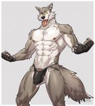 abs animal_genitalia animal_penis anthro canine_genitalia canine_penis clothed clothing ear_piercing erection fingerless_gloves fist fur genitals gloves grey_body grey_fur handwear jockstrap jockstrap_only looking_at_viewer male mostly_nude muscular muscular_anthro muscular_male nipples open_mouth penis penis_base piercing solo tenting tongue tongue_out topless underwear underwear_only yellow_eyes amon-sydonai epic_games fortnite wendell_(fortnite) canid canine canis mammal wolf hi_res