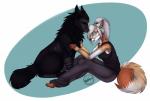 anthro bodily_fluids clothed clothing crying duo eyes_closed female feral male open_mouth simple_background sitting tears magic_(artist) canid canine felid mammal