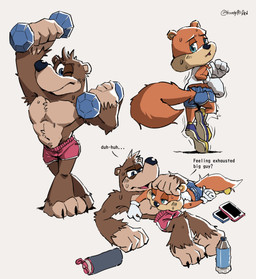 anthro athletic_wear barefoot blue_eyes bodily_fluids bottle bottomwear brown_body brown_fur cellphone claws clothed clothing container dialogue dumbbell duo electronics exercise exhausted feet footwear fur gloves gym_bottomwear gym_shorts handwear holding_object jogging looking_at_viewer looking_back looking_back_at_viewer lying lying_on_another male male/male on_back orange_body orange_fur phone shirt shoes shorts simple_background smartphone sweat sweatdrop tail tank_top text topless topwear water_bottle weightlifting weights workout hoodypisded banjo-kazooie conker's_bad_fur_day rareware banjo_(banjo-kazooie) conker bear mammal rodent sciurid tree_squirrel ursine 2025 absurd_res digital_drawing_(artwork) digital_media_(artwork) english_text hi_res
