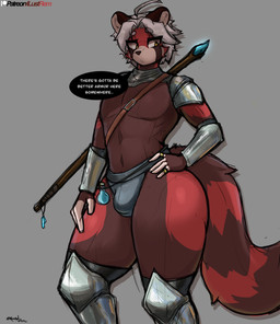 anthro armor bulge dialogue femboy fur grey_background hair hand_on_hip male markings red_body red_fur ring_(marking) ringed_tail sabatons simple_background solo speech_bubble staff standing striped_markings striped_tail stripes tail tail_markings text thick_thighs unconvincing_armor white_hair wide_hips remilust ailurid mammal red_panda english_text hi_res