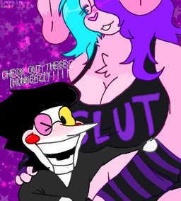anthro arm_warmers armwear belly blush blush_lines breasts clothing dialogue duo eyewear female glasses hair long_hair male male/female puppet shirt star tank_top text topwear smokin-chip deltarune undertale_(series) leah_(lilpocketleah) spamton_g._spamton darkner humanoid lagomorph leporid mammal rabbit 2023 digital_media_(artwork) english_text signature watermark