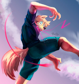 5_fingers annoyed anthro bottomwear claws clothing cloud collar eyebrows fingers jumping looking_at_viewer male pose rear_view shirt shorts solo tail text topwear powerrabbi hanz_(powerrabbi) canid canine canis mammal wolf artist_name digital_media_(artwork) hi_res