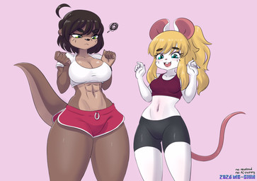 abs ahoge annoyed anthro big_breasts black_bottomwear black_claws black_clothing black_hair black_nose black_shorts blonde_hair blue_eyes blush blush_lines bottomwear breasts brown_body brown_fur buckteeth claws clothing crop_top crossgender crotch_lines duo eyelashes female fur green_eyes hair long_eyelashes medium_breasts midriff mtf_crossgender muscular muscular_anthro muscular_female pink_nose ponytail raised_hands shirt shorts smile tail tan_body tan_fur tank_top teeth thick_tail thick_thighs topwear white_body white_clothing white_fur white_shirt white_tank_top white_topwear mr-shin marvin_(mr-shin) shin_(mr-shin) mammal mouse murid murine mustelid otter river_otter rodent 2026 hi_res