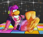 anthro barefoot biped bodily_fluids clothing electronics feet female female/female foot_focus hair headphones multicolored_scarf scarf shirt short_hair soles solo sweat topwear two_tone_scarf wiggling_toes weirdofunzone club_penguin dj_cadence avian bird penguin absurd_res hi_res