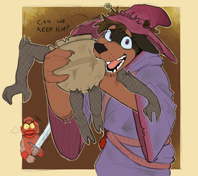 3_fingers 4_fingers ambiguous_gender angry annoyed anthro armor brown_body brown_fur clothing container dialogue fangs fingers fur group hat headgear headwear holding_character holding_object holding_weapon jar looking_at_viewer magic_user male melee_weapon pottery purple_eyes robe sword talking_to_viewer teeth text trio weapon wizard_hat lowkey_nottoast elden_ring fromsoftware snoop_(snoopydoggeh) tarnished_(elden_ring) animate_inanimate canid canine canis dobermann domestic_dog human living_jar mammal pinscher 2023 english_text signature
