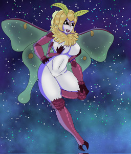anthro big_breasts black_sclera blonde_hair breasts chest_tuft female flying genitals hair hand_on_breast hand_on_hip hand_on_knee hand_on_leg looking_at_viewer multi_limb nude simple_background solo star tuft vulva wings reapcreates831 arthropod insect lepidopteran moth 2021 hi_res