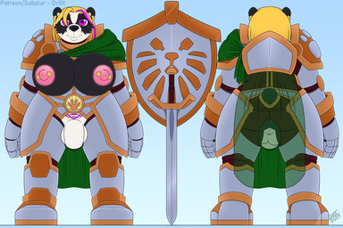 anthro armor balls barbell_piercing big_breasts big_penis breasts clothed clothing ear_piercing ear_ring fur genitals gynomorph hair intersex melee_weapon nipple_piercing nipples paladin penis piercing ring_piercing shield simple_background solo sword tail tattoo thick_thighs weapon white_body white_fur womb_tattoo drxii blizzard_entertainment warcraft bear giant_panda mammal pandaren 3:2 digital_media_(artwork) hi_res model_sheet