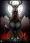 american_flag anthro antlers areola big_breasts black_body black_skin bone breasts brown_body brown_fur eye_socket female full_moon fur glowing glowing_eyes gun horn horror_(theme) light_truck long_neck long_tongue looking_at_viewer moon mountain nipples pickup_truck ranged_weapon red_eyes rifle skull skull_head solo tongue tongue_out truck united_states_of_america vehicle weapon skianous american_mythology indigenous_north_american_mythology mythology north_american_mythology old_wendy monster wendigo colored hi_res shaded