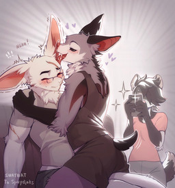 anthro biped blush bodily_fluids bottomwear clothing ear_lick exclamation_point eyegrows eyewear fangs female fingers fur gay_in_front_of_girls glasses group licking male male/male simple_background sweat tail teeth tongue topwear trio swaybat marshall_(spuydjeks) miles_(spuydjeks) spuydjeks_(character) bat hyena lagomorph leporid mammal rabbit hi_res