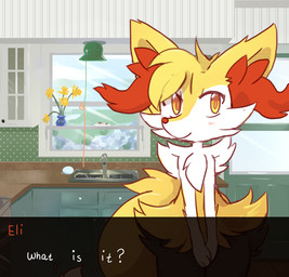 ambiguous_gender anthro appliance arm_tuft big_ears big_tail biped blush blush_lines cabinet cheek_tuft curled_tail dating_sim dialogue door elbow_tuft eyelashes facial_tuft flower fluffy fluffy_tail fur gameplay_mechanics grass hands_together inner_ear_fluff inside kitchen kitchen_appliance kitchen_cabinet kitchen_counter kitchen_sink kitchen_stove lamp looking_at_viewer multicolored_body multicolored_fur nude orange_body orange_eyes orange_fur orange_nose paws plant plant_pot potted_plant question question_mark river shoulder_tuft sink smile soap solo standing stove tail text tuft user_interface visual_novel_interface wall_(structure) white_body white_fur window yellow_body yellow_flower yellow_fur fiddleafox nintendo pokemon eli_(fiddleafox) braixen generation_6_pokemon pokemon_(species) 2017 digital_drawing_(artwork) digital_media_(artwork) english_text male_(lore)