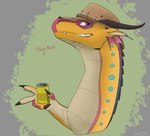 4_fingers beverage can clothing container feral fingers hat headgear headwear horn male multicolored_body smile solo text apollyondragon mythology wings_of_fire pineapple_(wof) dragon mythological_creature mythological_scalie scalie 2024 digital_media_(artwork) half-length_portrait portrait signature