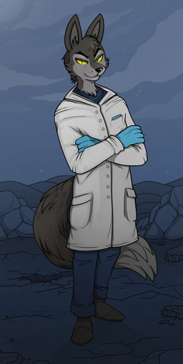 anthro big_ears big_tail black_body black_clothing black_footwear black_fur black_shoes blue_bottomwear blue_clothing blue_gloves blue_handwear blue_pants blue_shirt blue_topwear bottomwear canyon cheek_tuft clothing cloud coat crossed_arms curled_tail desert dipstick_tail doctor facial_tuft footwear fur gloves glowing glowing_eyes grey_body grey_fur handwear hole_(pit) id_card lab_coat male markings medical_gloves multicolored_body multicolored_fur neck_tuft night outside pants pockets rock shirt shoes sky skyscape smile smiling_at_viewer smirk smirking_at_viewer smug smug_grin solo standing star tail tail_markings topwear tuft two_tone_body two_tone_fur white_clothing white_topwear hachimakiyaki janusz canid canine canis hybrid mammal wolf wolfdog hi_res