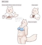 anthro beverage bottomless bra bra_only clothed clothing container cup dialogue drinking ear_twitch eating featureless_crotch female fluffy fluffy_tail food fur happy shirt simple_background slightly_chubby slightly_chubby_female smoothie solo speech_bubble tail tail_motion tailwag text topwear underwear underwear_only white_background white_body white_fur bfkitsu1550 bell_(bfkitsu1550) canid canine canis domestic_dog mammal nordic_sled_dog samoyed spitz hi_res