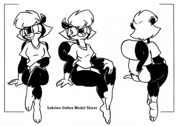 3_toes 4_fingers anthro bottomless bottomless_female breasts butt clothed clothing countershading crossed_legs eyewear feet female fingers fur glasses gloves_(marking) hair leg_markings markings multiple_angles plantigrade shirt simple_background sitting smile socks_(marking) soles solo text toes topwear eric_schwartz sabrina_online sabrina_(sabrina_online) mammal mephitid skunk striped_skunk black_and_white english_text model_sheet monochrome