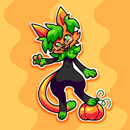 anthro big_ears black_body black_tongue blep chibi eyewear fangs food fruit fur glasses green_body green_eyes green_fur head_tilt leaf looking_at_viewer male paws plant pumpkin simple_background solo standing standing_on_object tail teeth tongue tongue_out bigmoon206 nintendo pokemon pumkat pumxy braixen domestic_cat felid feline felis generation_6_pokemon hybrid mammal pokemon_(species) 1:1 hi_res