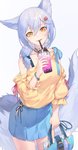 accessory beverage blue_hair bottomwear breasts clothed clothing female fully_clothed hair hair_accessory looking_at_viewer open_mouth shirt simple_background skirt smile solo topwear white_background yellow_eyes nian_qaq arknights hypergryph studio_montagne provence_(arknights) animal_humanoid canid canid_humanoid humanoid mammal mammal_humanoid 2020 hi_res