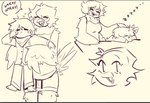 anthro avian beak biped bird blush bottomwear chest_tuft clothed clothing clover_(undertale_yellow) clownboo_art covered_breasts digital_media_(artwork) duo english_text feathered_wings feathers female hair human lifting looking_at_viewer male mammal martlet_(undertale_yellow) neck_tuft open_mouth open_smile pants scarf simple_background smile standing tail tail_feathers text topwear tuft undertale_(series) undertale_yellow winged_arms wings