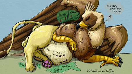 abdominal_bulge ambiguous_gender ambiguous_prey avian_feet beak brown_body countershading facial_markings feathered_crest feathered_wings feathers female female_pred feral feral_pred green_eyes head_crest head_markings larger_pred markings mask_(marking) multiple_prey nipples paws quadruped size_difference solo spread_wings tail tail_tuft text tuft vore wings yellow_body conditional_dnp foxyoreos gyrotech mythology serilde avian gryphon mythological_avian mythological_creature 16:9 english_text hi_res widescreen