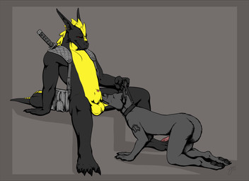 animal_genitalia anthro arm_tattoo ball_sniffing balls big_dom_small_sub big_feet cheek_horns chin_horn collar collar_only dominant duo ear_piercing ear_ring erection eyes_closed facial_horn feet genitals holding_leash holding_object horn kneeling leash leash_pull leashed_collar leashed_male long_ears looking_at_another looking_down male male/male melee_weapon muscular muscular_anthro muscular_male nude nude_anthro nude_male pawpads paws pecs peeking_penis penis penis_tip piercing ring_piercing sheath sheath_sniffing shoulder_holster shoulder_tattoo sitting size_difference sniffing sword sword_on_back tail tail_between_legs tattoo thick_thighs tight_balls weapon loonertick mythology ernesto_(rebeldragon101) canid canine canis dragon mammal mythological_creature mythological_scalie scalie wolf