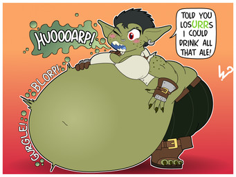4_fingers 4_toes alternative_fashion belly belt big_belly black_eyebrows black_hair blue_tongue blush boots border bottomwear breasts burping claws cleavage clothed clothing dialogue eyebrows feet female fingerless_gloves fingers footwear gloves green_claws hair handwear huge_belly hyper hyper_belly inflation liquid_inflation navel open_mouth pants red_eyes sharp_teeth shirt shoes solo steampunk teeth text toeless_footwear toes tongue topwear white_border ginny_the_fat_bear goblin english_text hi_res