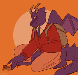 backpack barefoot clothing cute_fangs fangs feet happy horn male necktie orange_background orange_eyes petting purple_body simple_background solo spiked_tail spikes spikes_(anatomy) sweater tail tail_spines teeth topwear wings citron mythology nidhogg_(green_tea) animal_humanoid dragon dragon_humanoid gastropod humanoid mollusk mythological_creature mythological_scalie scalie snail
