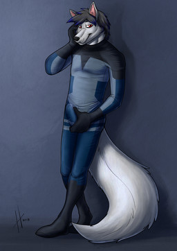 anthro black_clothing black_nose black_skinsuit blue_clothing blue_hair blue_skinsuit bulge closed_smile clothed clothing detailed_bulge fangs front_view fur genital_outline glistening glistening_eyes grey_clothing grey_hair grey_skinsuit hair inner_ear_fluff looking_at_viewer male male_anthro mouth_closed multicolored_clothing multicolored_hair multicolored_skinsuit penis_outline pink_inner_ear_fluff red_eyes simple_background skinsuit slim_anthro slim_male smile solo standing tail teeth tight_clothing tuft two_tone_hair white_body white_fur white_tail hufnaar canid canine mammal 2019 absurd_res full-length_portrait hi_res portrait