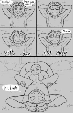 5_panel_comic anthro dialogue dreadlocks duo eyes_closed facial_hair fellatio female goatee half-closed_eyes male male/female narrowed_eyes nude onomatopoeia open_mouth open_smile oral oral_penetration outdoor_nudity outside_sex penetration penile sex slightly_chubby slightly_chubby_anthro slightly_chubby_female smile sound_effects speech_bubble text kostos_art mac_and_linda linda_(kostos_art) mac_(kostos_art) amphibian frog comic english_text greyscale hi_res monochrome