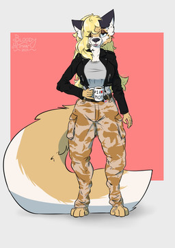 5_fingers anthro belt_buckle blonde_hair blue_eyes breasts british buckle camo clothed clothing container cropped_jacket cup eyelashes eyelashes_through_hair female fingers fluffy fluffy_tail fur hair jacket leather leather_clothing leather_jacket leather_topwear long_hair long_tail looking_at_viewer married military military_clothing military_pants multicolored_body multicolored_fur one_eye_closed orange_body ring shirt simple_background smile solo tail tongue topwear translucent translucent_hair union_jack white_body wink bloodyhetman canid canine canis fox mammal digital_media_(artwork) hi_res