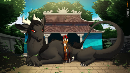 anthro asian_architecture asian_clothing black_body black_fur black_hair breasts clothing dress duo female fur hair horn leaf male quadruped red_eyes red_hair red_sclera sky temple under_boob white_body white_fur white_hair yellow_eyes feretta mythology demon domestic_cat dragon eastern_dragon felid feline felis hybrid mammal mythological_creature mythological_scalie scalie 16:9 2026 hi_res widescreen