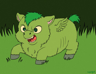 ambiguous_feral ambiguous_gender feral fur grass green_body green_fur green_hair green_tail grey_hooves hair hooves intimidation open_mouth plant simple_background solo spiral spiral_pupils standing tail teeth text tongue wings young young_ambiguous young_feral squeegull fluffy_pony mythology equid equine fluffy_pony_(species) mammal mythological_creature mythological_equine pegasus 2025 absurd_res artist_name digital_media_(artwork) flat_colors hi_res