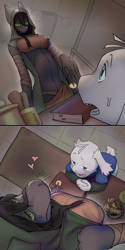 annoyed anthro clothed clothing duo female flirting flustered larger_female male male/female partially_clothed size_difference smaller_male store pabu_(artist) cave_story yumi_tenma lagomorph mammal mimiga undead zess 1:2 absurd_res comic hi_res