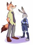 anthro clothing duo eye_contact female looking_at_another male police police_uniform simple_background uniform white_background paulgq disney zootopia judy_hopps nick_wilde canid canine fox lagomorph leporid mammal rabbit red_fox true_fox