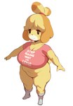 anthro belly big_breasts breasts cleavage clothed clothing featureless_crotch female footwear hair huge_breasts ponytail shirt short_stack slightly_chubby socks solo t-pose text thick_thighs topwear wide_hips forastero animal_crossing nintendo isabelle_(animal_crossing) canid canine canis domestic_dog mammal absurd_res digital_media_(artwork) english_text hi_res