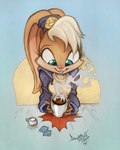 anthro beverage blonde_hair blue_eyes breasts buckteeth candy chocolate clothed clothing coat dessert female food fur hair hot_chocolate pink_nose solo sugar_packet tan_body tan_fur teeth topwear david_lillie looney_tunes warner_brothers lola_bunny lagomorph leporid mammal rabbit 2024 hi_res