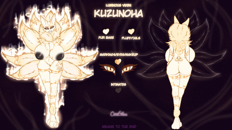 3_toes 9_tails anthro areola arm_markings arm_tuft aura back_markings big_areola big_breasts black_nipples breast_markings breasts bright_light butt cheek_tuft cleavage clothed clothing cosmic_background ear_markings eyelashes facial_markings facial_tuft feet fluffy fluffy_tail front_view fur fur_collar genitals glowing gold_eyeshadow golden_markings head_markings huge_breasts leg_markings light long_eyelashes looking_at_viewer markings multi_tail neck_tuft nipples nude plantigrade rear_view shoulder_tuft smile smirk space space_background tail tail_markings tan_body tan_fur text thigh_markings toes tuft vulva yellow_eyes cereshinu kuzunoha_(cereshinu) animal_humanoid canid canid_humanoid canine canine_humanoid fox fox_humanoid fox_spirit humanoid mammal mammal_humanoid absurd_res hi_res model_sheet signature