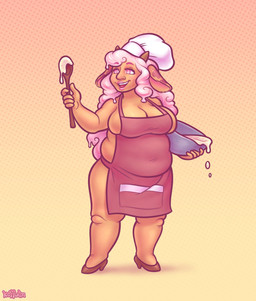 5_fingers apron big_breasts bowl breasts clothing container cutlery female fingers food footwear high_heels holding_bowl holding_container holding_object holding_spoon horn kitchen_utensils looking_aside open_mouth orange_background overweight overweight_female pink_eyes shoes simple_background smile solo spoon standing tools keffotin animal_humanoid bovid bovid_humanoid bovine bovine_humanoid cattle_humanoid food_creature humanoid mammal mammal_humanoid 2020 digital_media_(artwork) hi_res