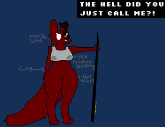 anthro bodily_fluids bottomless breasts clothed clothing curvy_figure female fur genitals hourglass_figure lactating lactating_through_clothing melee_weapon polearm rebar red_body red_fur scarring solo spear standing topwear vulva weapon wet wet_clothing internetdood rain_world videocult artificer_(rain_world) slugcat hi_res